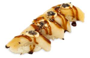 Nigiri flambeado de pez mantequilla con trufa y salsas