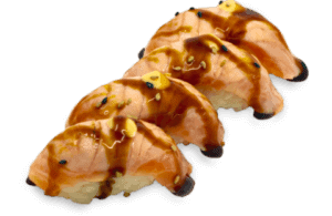 Nigiri flambeado de salmón con salsas