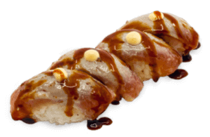 Nigiri flambeado de atún con salsas